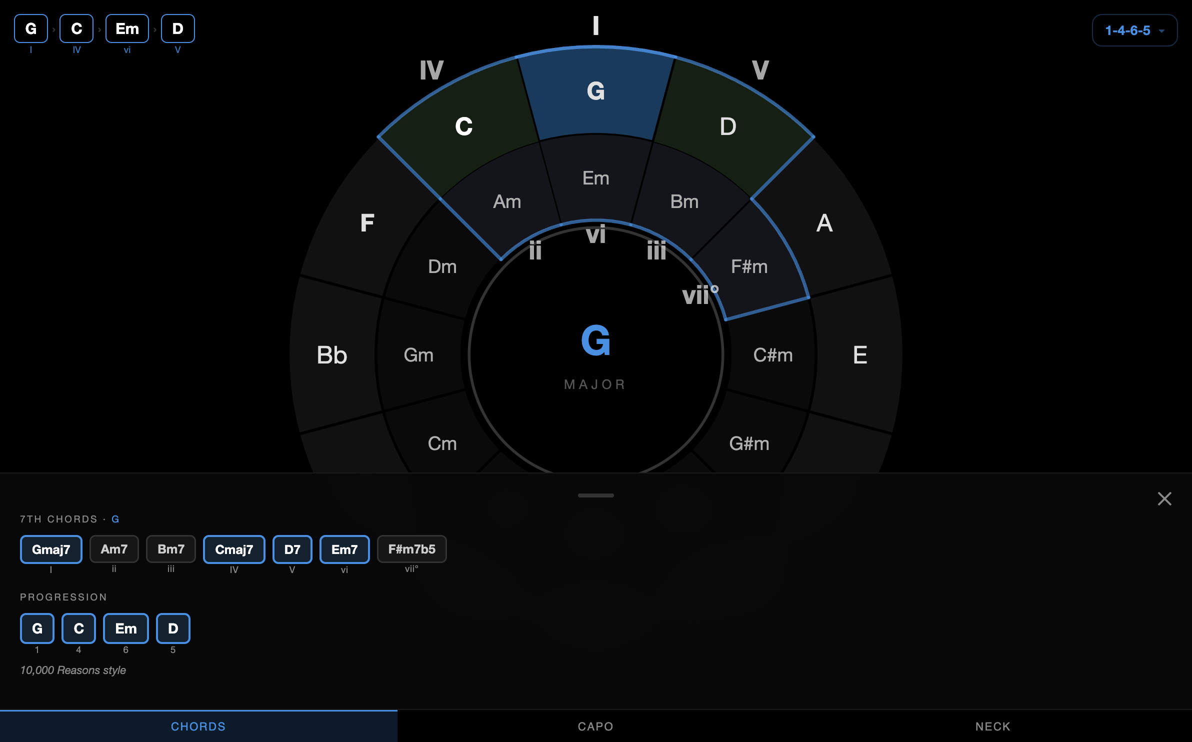 Chords panel for G major showing the diatonic chords G, C, Em, and D, with a matching G-C-Em-D progression